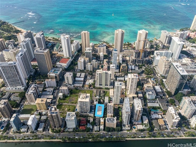 bird's eye view featuring a water view and a city view