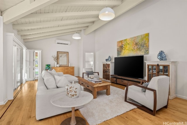 living area with lofted ceiling with beams, wooden ceiling, wood finished floors, baseboards, and a wall mounted air conditioner