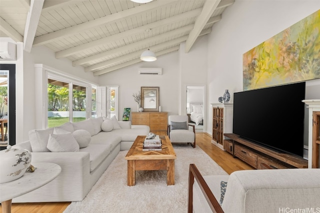 living area with wood ceiling, a wall mounted air conditioner, beam ceiling, and light wood-style floors