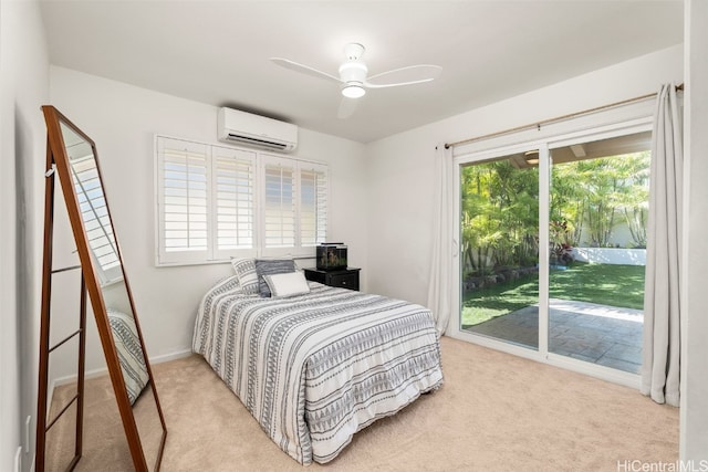 carpeted bedroom with a wall unit AC, access to outside, baseboards, and a ceiling fan