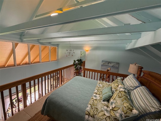 bedroom with vaulted ceiling with beams