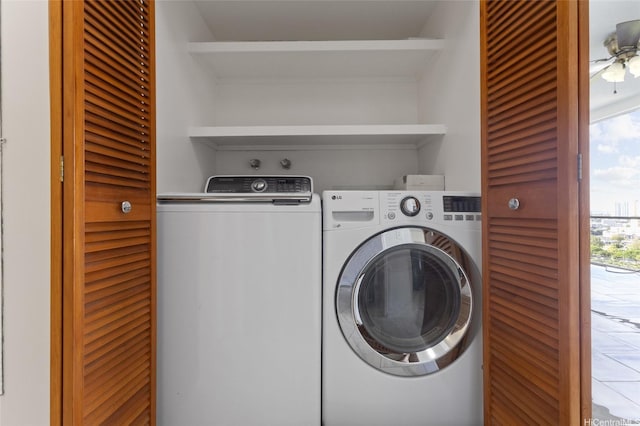 1617 Keeaumoku St Unit 1405, Honolulu, HI 96822 - laundry area featuring washing machine and dryer and ceiling fan