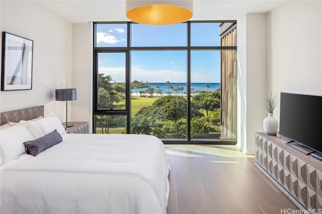 bedroom featuring floor to ceiling windows and hardwood / wood-style floors