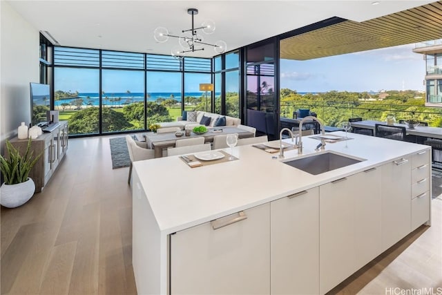 kitchen with sink, a wall of windows, white cabinets, and an island with sink