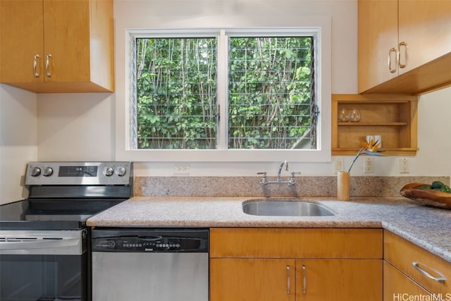 kitchen with open shelves, light stone countertops, stainless steel appliances, and a sink