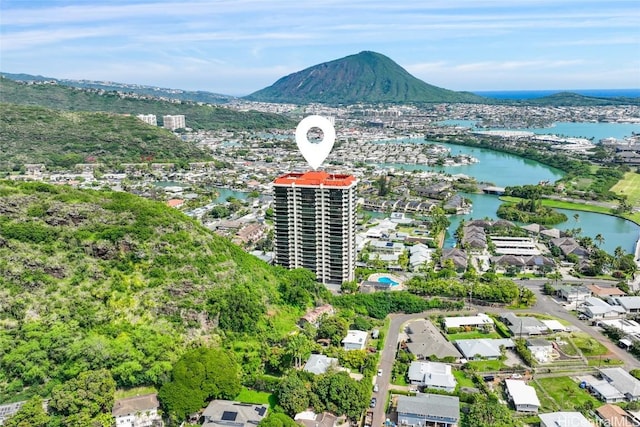 bird's eye view with a water and mountain view