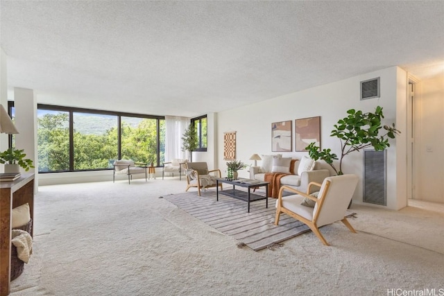 carpeted living room featuring a textured ceiling and visible vents