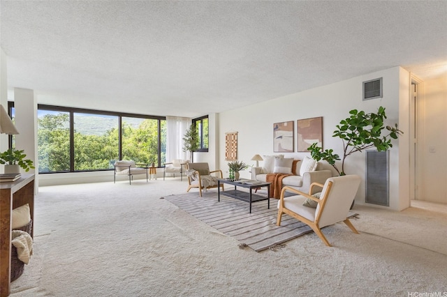 living area featuring carpet, visible vents, and a textured ceiling