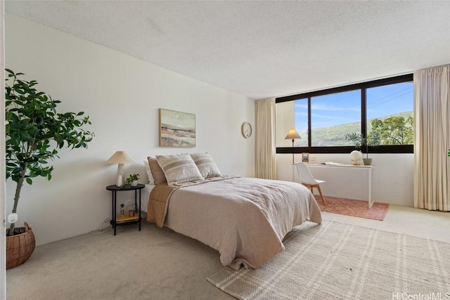 carpeted bedroom featuring a textured ceiling