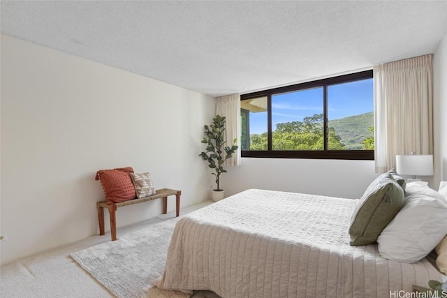 carpeted bedroom featuring a textured ceiling