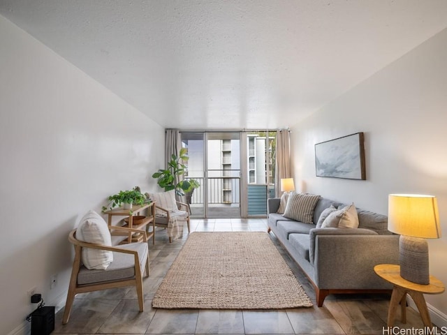 living room featuring a textured ceiling