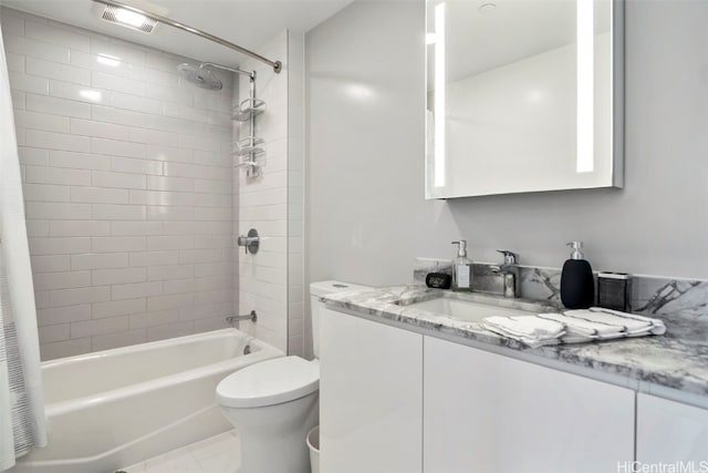 bathroom with shower / tub combo, visible vents, vanity, and toilet