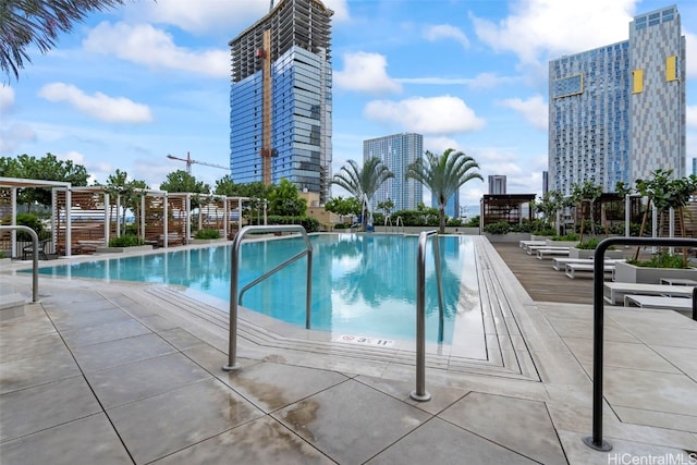 community pool with a city view