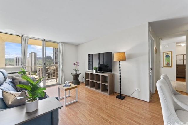 living area featuring light wood-style floors and expansive windows