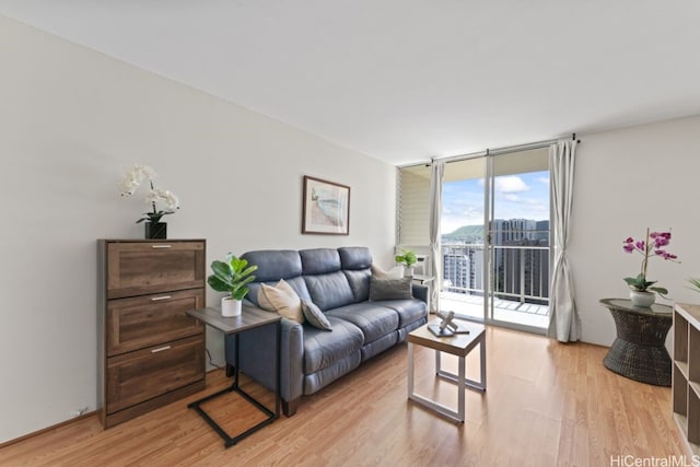 living area with floor to ceiling windows and light wood-style floors