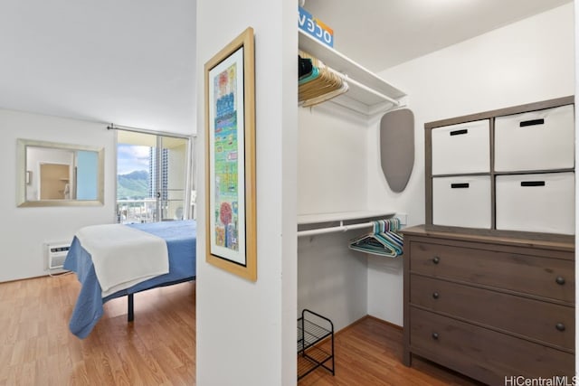 walk in closet with an AC wall unit and wood finished floors