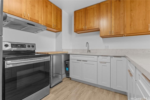 kitchen featuring electric stove, ventilation hood, light wood-style floors, white cabinetry, and a sink