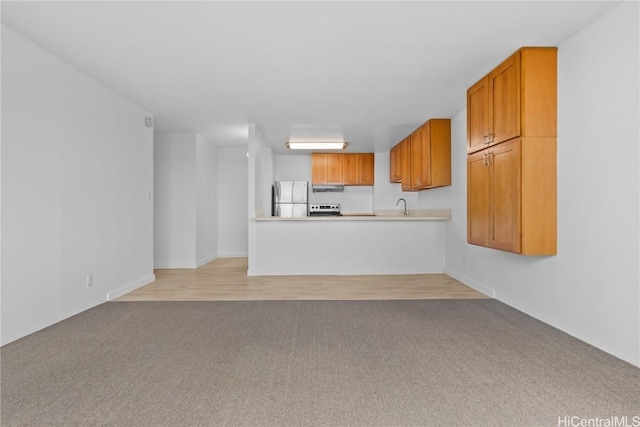 unfurnished living room featuring a sink and light colored carpet