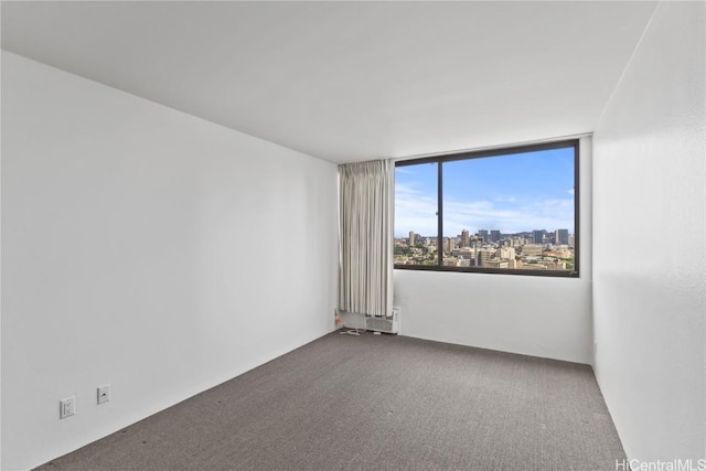 carpeted empty room with a view of city