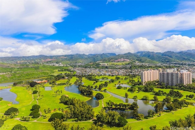 birds eye view of property featuring a water and mountain view