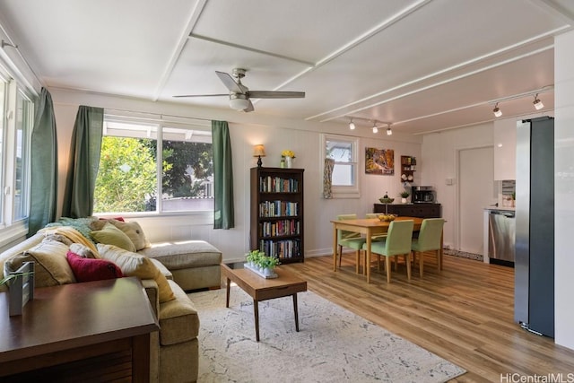 living room with light wood-type flooring, a ceiling fan, and track lighting