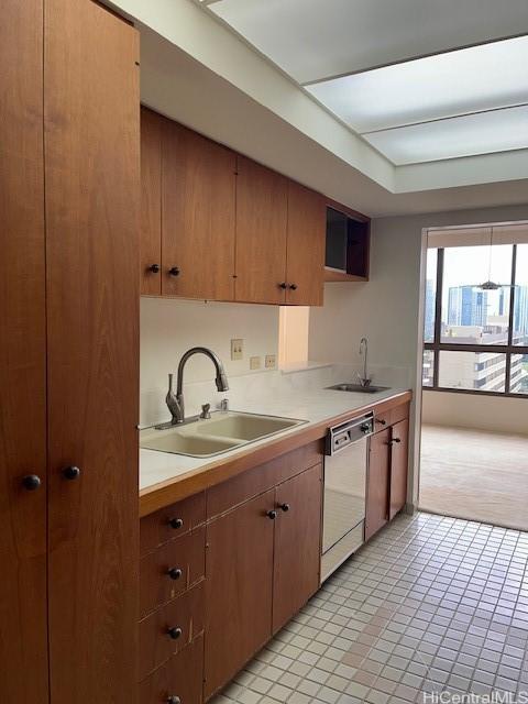 kitchen with light countertops, dishwasher, and a sink