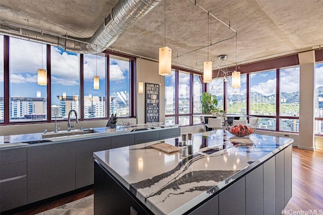 kitchen with a center island, wood finished floors, modern cabinets, and a sink