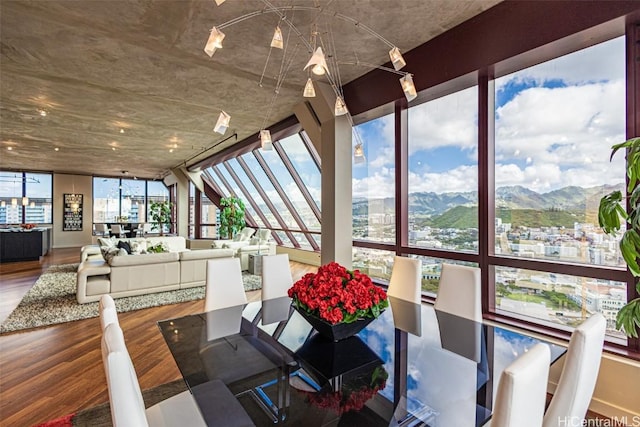 dining space with a mountain view, a city view, wood finished floors, and floor to ceiling windows