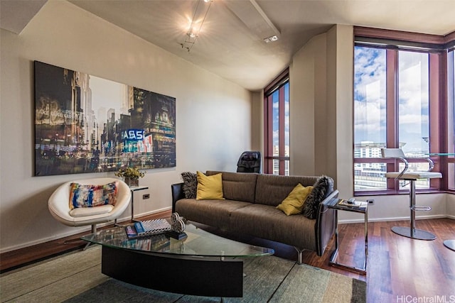 living area featuring wood finished floors and baseboards