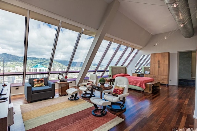 bedroom featuring a city view, a mountain view, a towering ceiling, and dark wood-style flooring