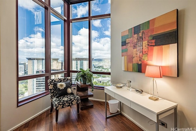 home office with baseboards, dark wood-type flooring, and a city view