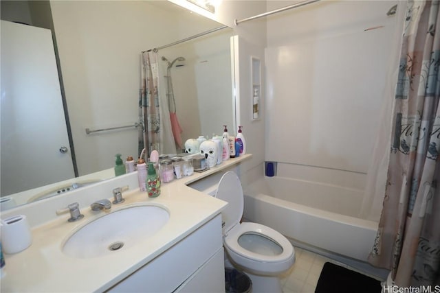 bathroom with toilet, tile patterned floors, shower / bath combo with shower curtain, and vanity