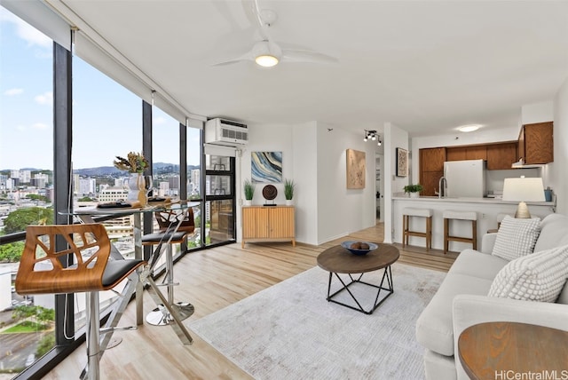 living room featuring light hardwood / wood-style floors, sink, expansive windows, and a wall mounted AC