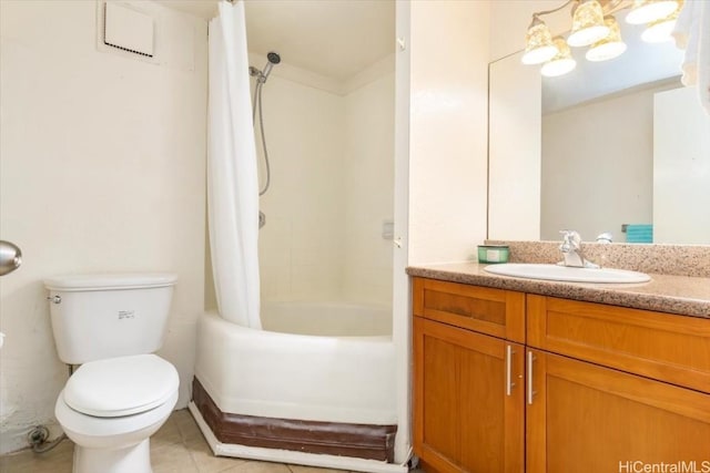 bathroom with vanity, shower / bathtub combination with curtain, toilet, and tile patterned flooring