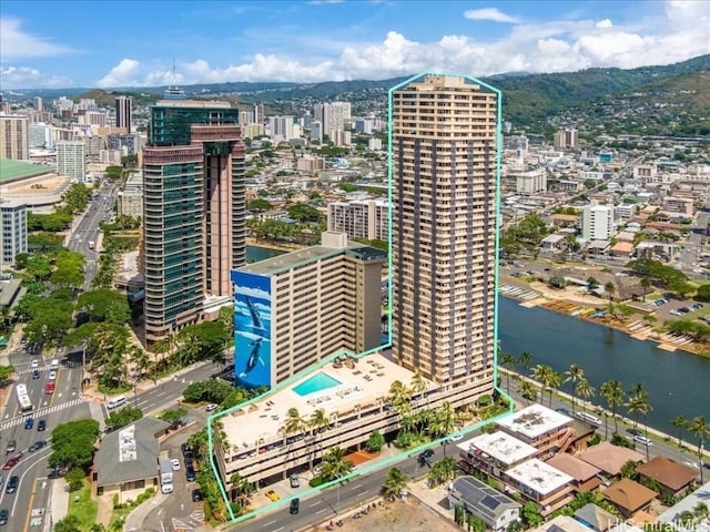 bird's eye view with a view of city and a water view