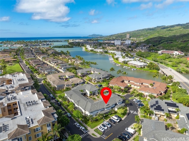 aerial view featuring a water view