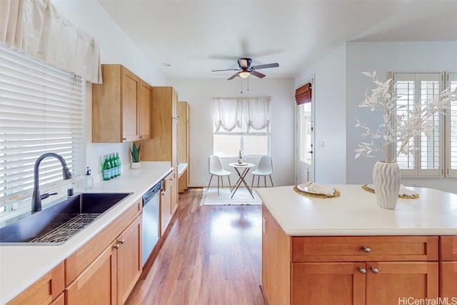 kitchen with light wood-type flooring, light countertops, a sink, and stainless steel dishwasher