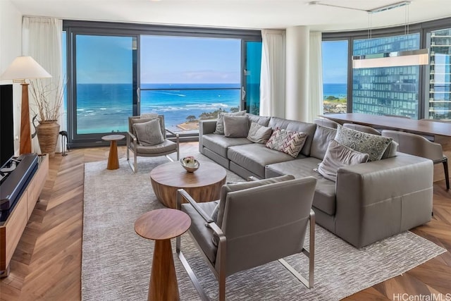 living room with a water view