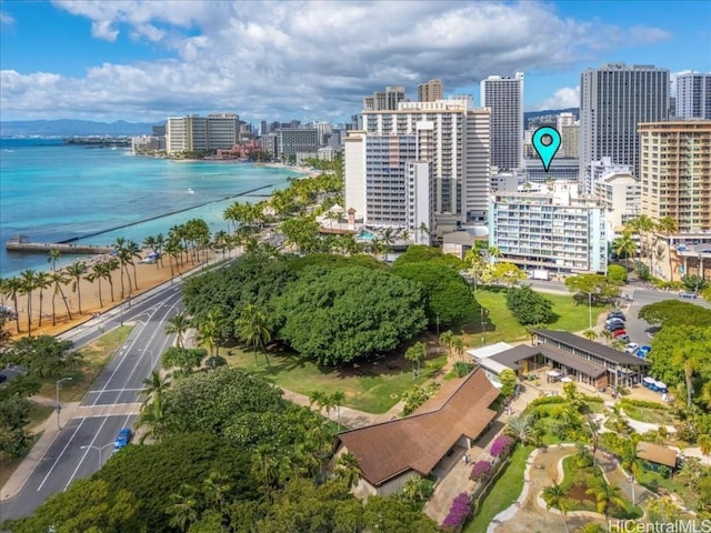 aerial view featuring a water view and a city view