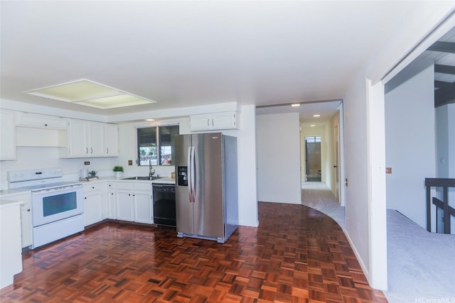 kitchen with a sink, light countertops, white electric stove, black dishwasher, and stainless steel fridge with ice dispenser