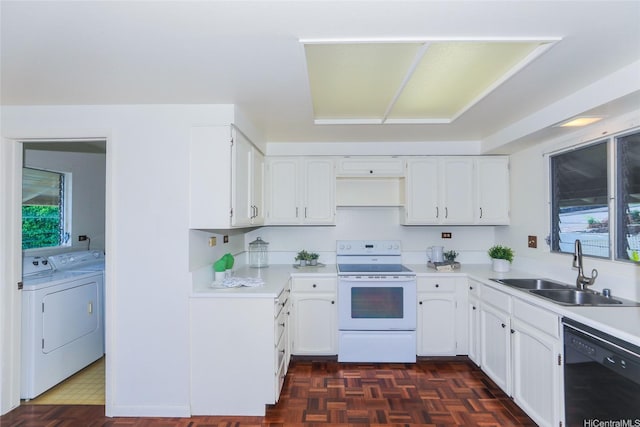 kitchen featuring a sink, light countertops, white electric range, separate washer and dryer, and black dishwasher
