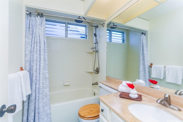 full bathroom with toilet, shower / bath combination with curtain, and vanity