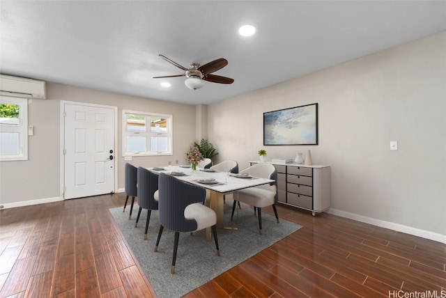 dining area with dark wood-style floors, recessed lighting, baseboards, and a wall mounted air conditioner