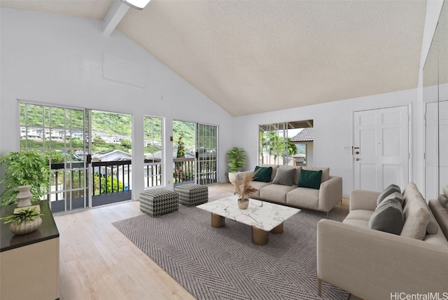 living room with a textured ceiling, high vaulted ceiling, beamed ceiling, and wood finished floors