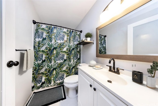 bathroom with toilet, vanity, walk in shower, and lofted ceiling