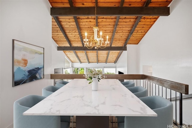 dining area with an inviting chandelier, wooden ceiling, beamed ceiling, and high vaulted ceiling