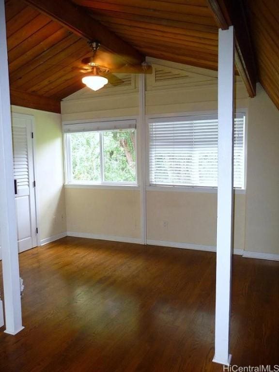 unfurnished room with wooden ceiling, vaulted ceiling with beams, wood finished floors, and ceiling fan