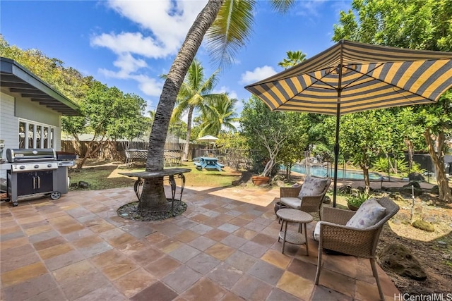 view of patio / terrace featuring a fenced in pool, a fenced backyard, and a grill