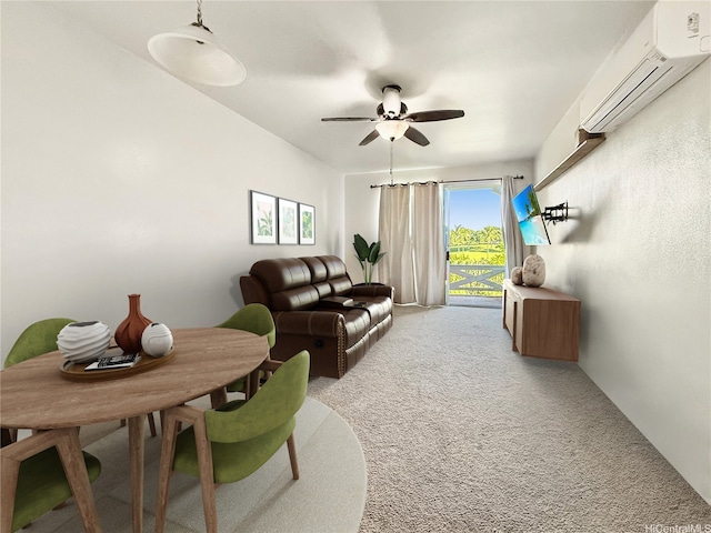 91-1058 Kekuilani Loop Unit 1502, Kapolei, HI 96707 - living room featuring a wall mounted air conditioner, light colored carpet, and a ceiling fan