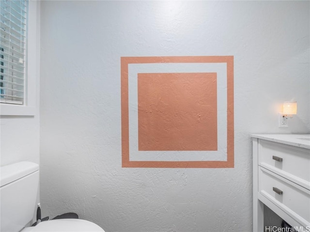 bathroom with toilet, a textured wall, and vanity